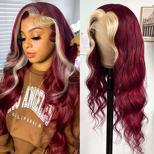 Skunk Stripe Wig Burgundy Blonde Colored Wig 13x4 Lace Front Wig Body Wave HD Wigs