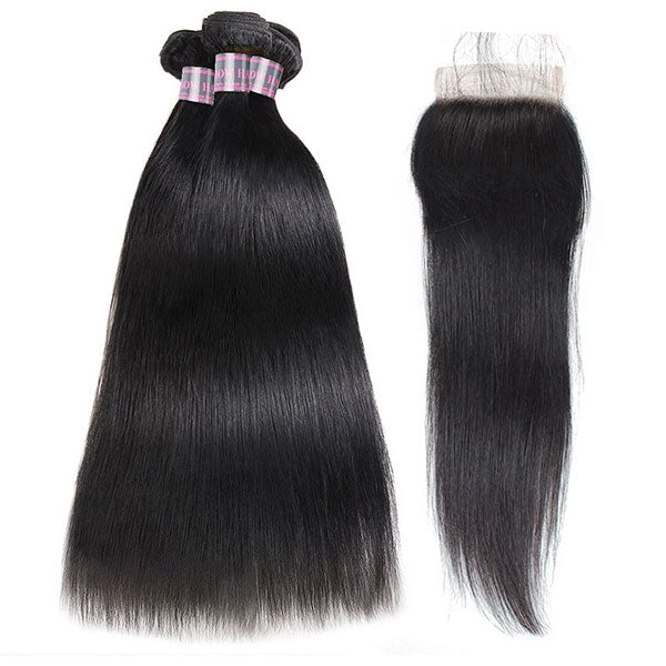 Ishow Non Remy Peruvian Virgin Straight Human Hair 3 Bundles With 4*4 Lace Closure