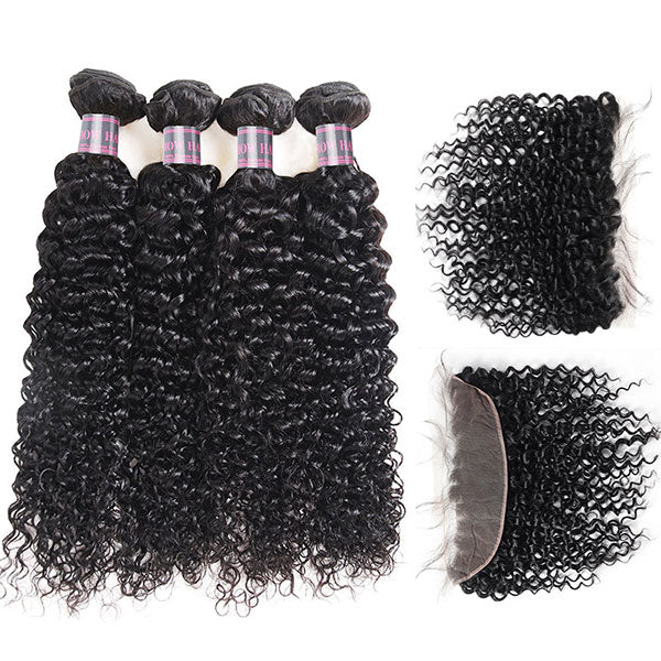 Ishow Malaysian Curly Human Hair Weave 4 Bundles With 13x4 Lace Closure