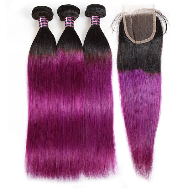 Ombre Straight Human Hair Weave 3 Bundles With Lace Closure T1b/Purple