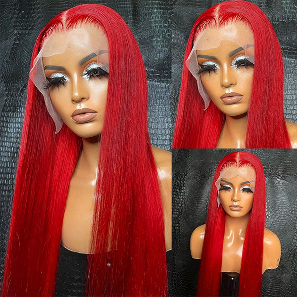 30 Inch Red Straight Hair Wig 13x4 HD Lace Frontal Wig Colored Human Hair Wigs