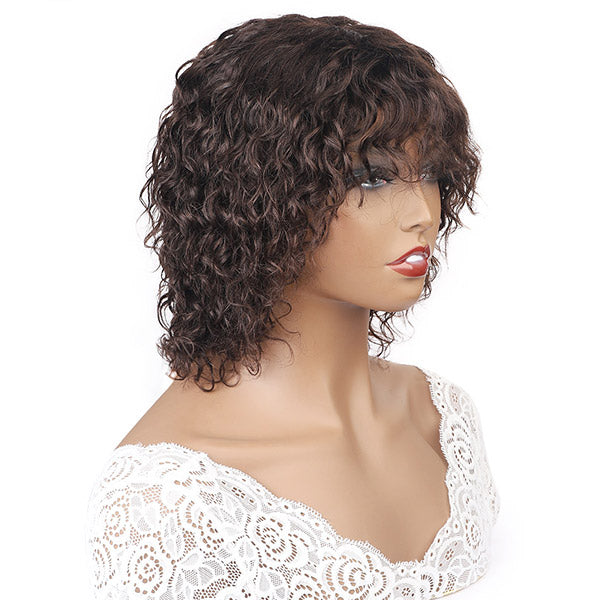Short Bob Wigs Water Wave Machine Made Wigs With Bangs Brown Color