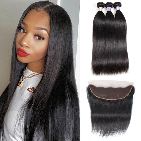 10A Brazilian Virgin Straight Human Hair 3 Bundles With HD Lace Frontal Closure
