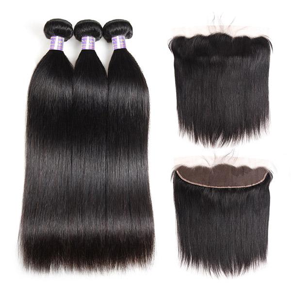 Brazilian Hair Virgin Remy Straight Human Hair 3 Bundles With Lace Frontal Closure 9A Unprocessed