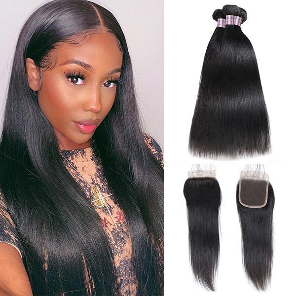Hairsmarket Peruvian Virgin Straight Human Hair 3 Bundles With 4*4 Lace Closure
