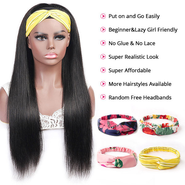 Headband Wig Straight Virgin Human Hair Wigs 150% Density Brazilian Hair Headband Wigs