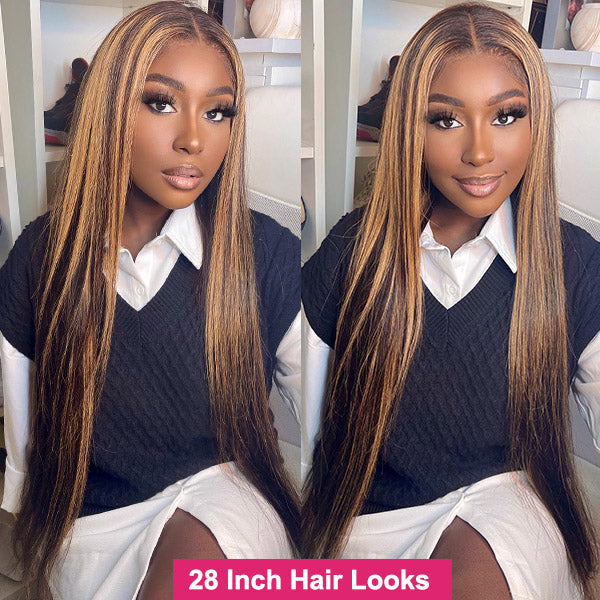 Peruvian Straight Hair Honey Blonde Highlights Hair Bundles with 13x4 Lace Frontal Closure Ear to Ear