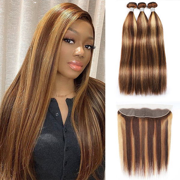 Highlight Hair Bundles with Frontal HD Lace Virgin Indian Straight Human Hair