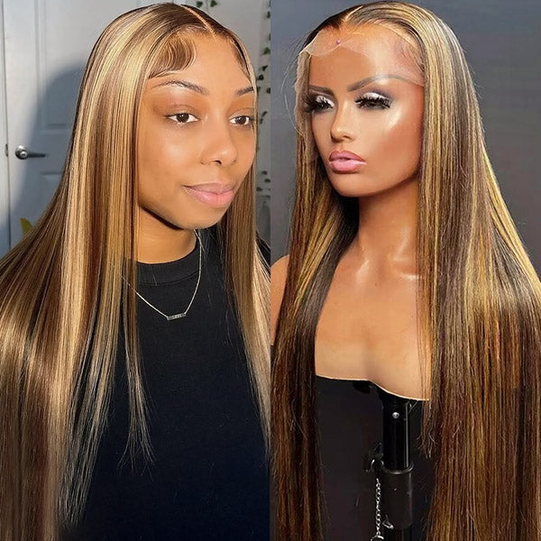 4x4 Lace Wigs Straight Human Hair Balayage Wigs 5x5 Honey Blonde Highlights Wig