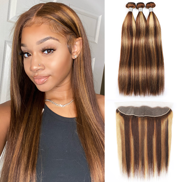 Highlight Human Hair Bundles With Lace Frontal P Color Hair Bundles With Frontal