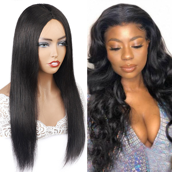 2 Pieces Wigs Middle Part 100% Human Hair Wigs, No Lace Wigs Machine Made Wigs