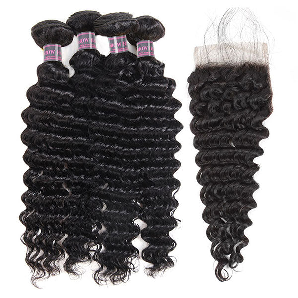 Ishow 4 Bundles Deep Wave Virgin Human Hair With Lace Closure Unprocessed Indian Hair