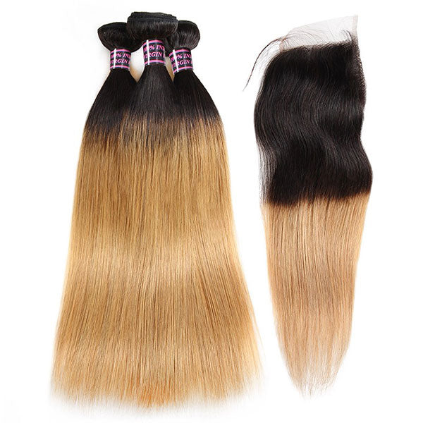 100% Virgin Ombre Straight Human Hair 3 Bundles With Lace Closure T1B/27