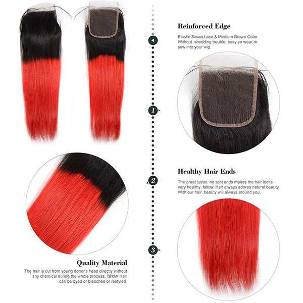 Ombre Virgin Straight Human Hair Weave Extensions With Lace Closure 1B/Red Color