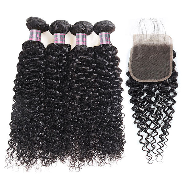 Ishow Indian Curly Hair Lace Closure With 4 Bundles Virgin Human Hair Weave