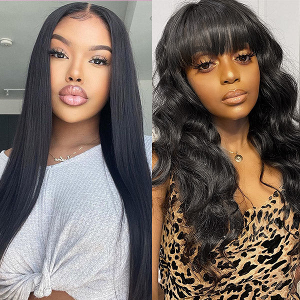 2 Pieces Wigs Straight Lace Front Wigs, 100% Virgin Human Hair Wigs With Bangs
