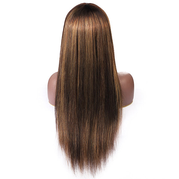 Virgin Straight Hair Wigs With Bang Highlight Color Machine Made Human Hair Wigs