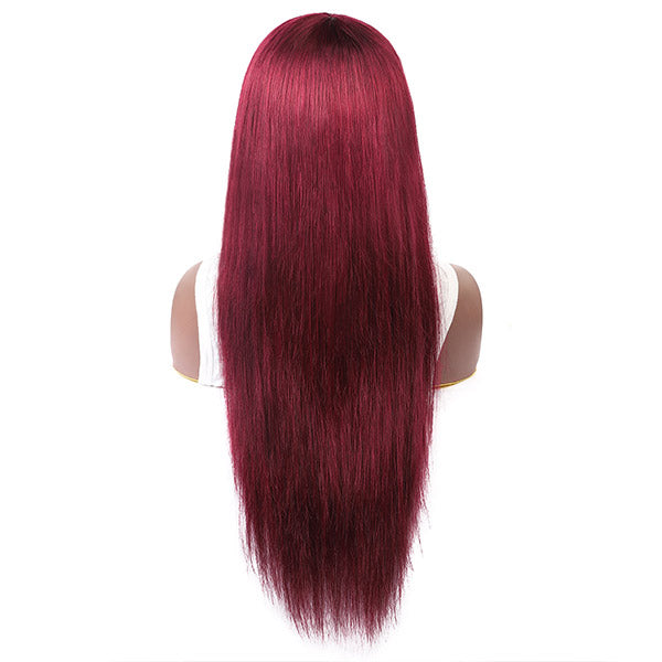 2 Pieces Wigs Full Machine Made Wigs, 99j# Human Hair Wigs, Ginger Color No Lace Wigs With Bangs