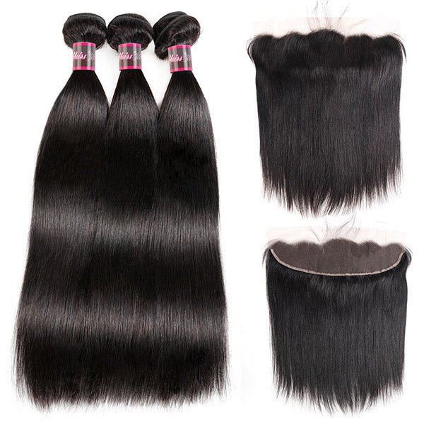 Hairsmarket Brazilian Straight Virgin Hair Weave 3 Bundles With 13x4 Lace Frontal Closure