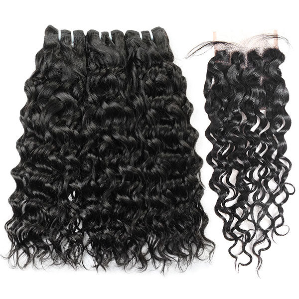 10A Brazilian Hair Water Wave Virgin Hair 3 Bundles With Lace Closure