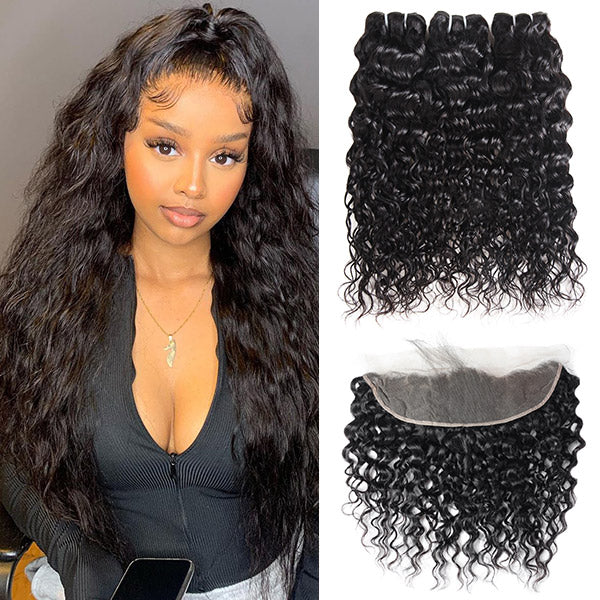 Brazilian Water Wave Human Hair 3 Bundles With 13*4 HD Transparent Lace Frontal