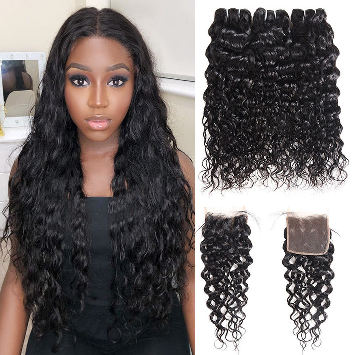 Ishow Malaysian Water Wave 3 Bundles With 4*4 Lace Closure Human Hair