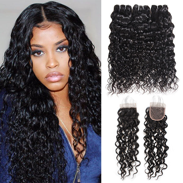 Indian Virgin Human Hair Water Wave 3 Bundles With 4*4 Lace Closure