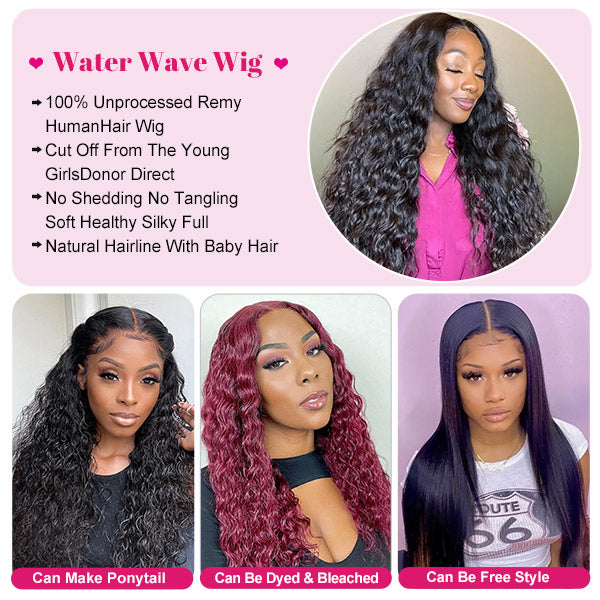 Water Wave Human Hair Wigs 250% Density Lace Wigs Pre Plucked Hd Transparent Lace Wig
