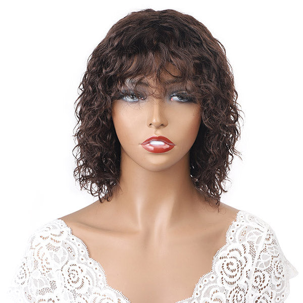 Short Bob Wigs Water Wave Machine Made Wigs With Bangs Brown Color