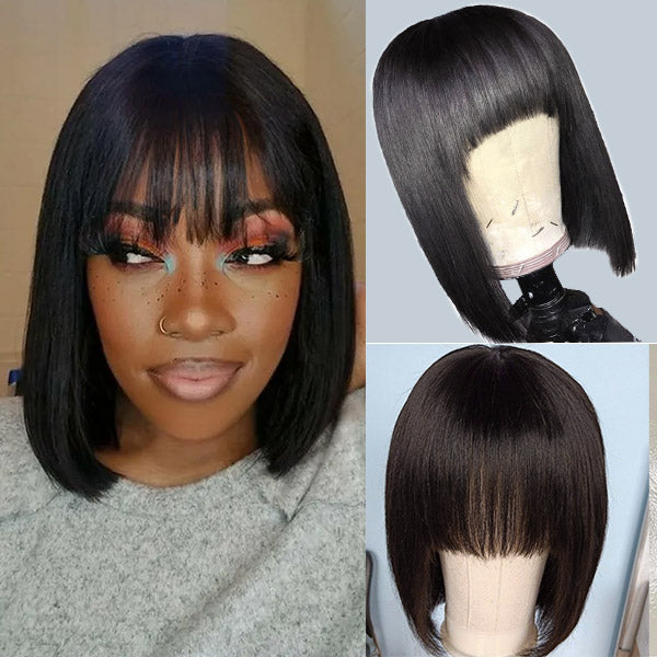 Short BOB Lace Front Wigs, 100% Human Hair Wigs, No Lace Wigs With Bang